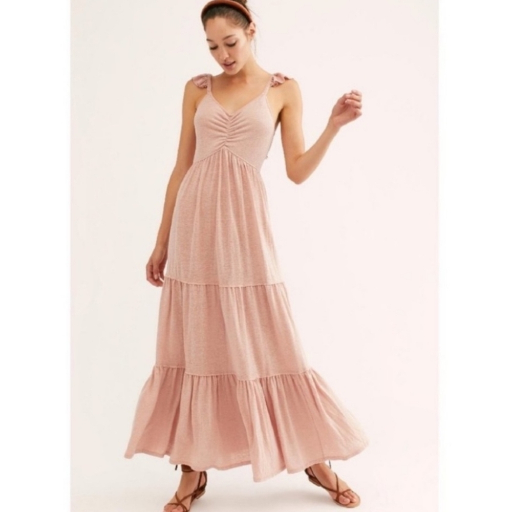 Free People FP Beach Langley pink linen blend tie-back ruffle sleeve maxi dress
